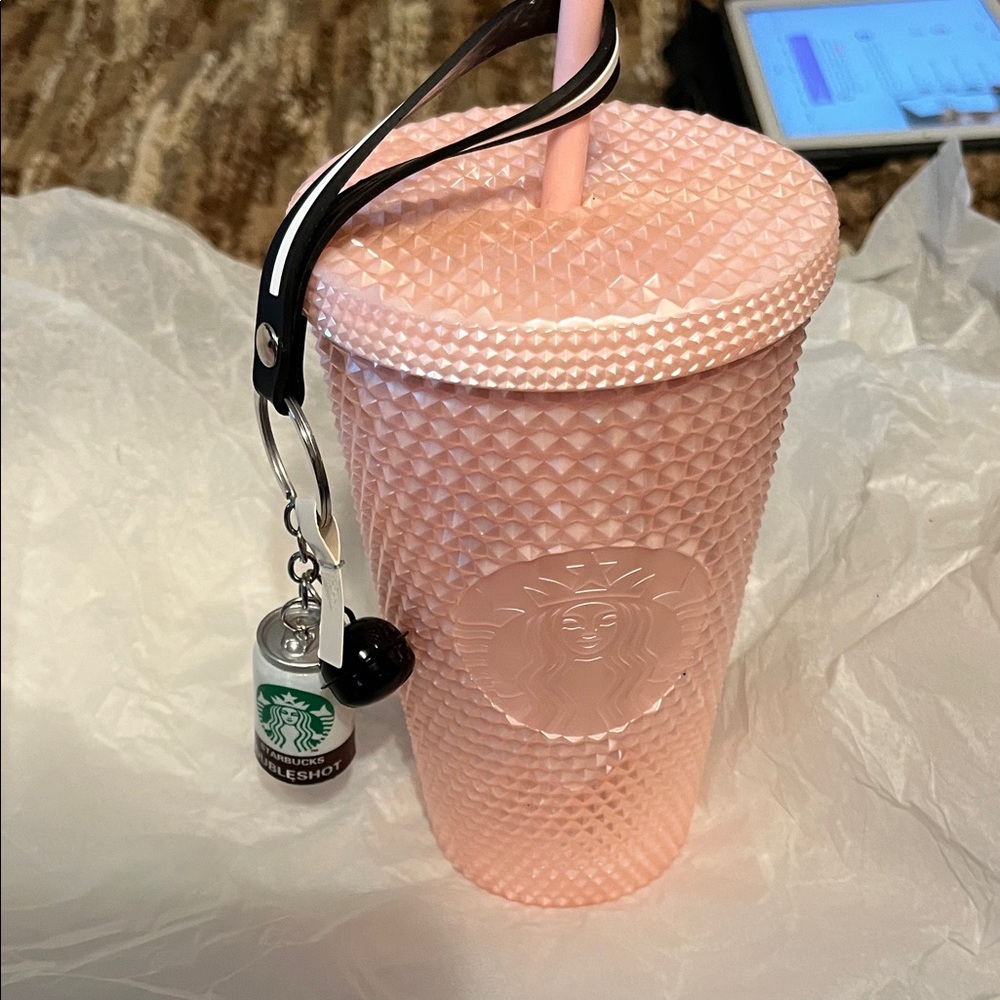 NWT Starbucks Pink Studded Tumbler with Double Shot Keychain